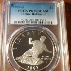 1997 Jackie Robinson Commemorative Silver Dollar - PCGS PR70 DCAM - Picture 1 of 4
