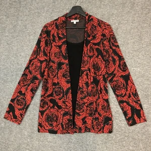 JM Collection Jacket Women M Red Black Cardigan Sparkling Rose Layered Look Top - Picture 1 of 11