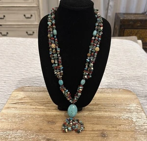 Vintage Southwestern Multicolored Blue Turquoise Triple Layer Pendant Necklace - Picture 1 of 5