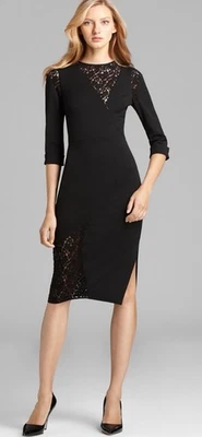 Black Halo Black Sheath Dress 6 Lace Cutout 3/4 Cuffed Sleeve EUC Midi USA - Image 1 of 4