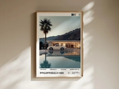 Vintage Porsche by the Pool, German Classic Car Wall Art - Image 1 of 3