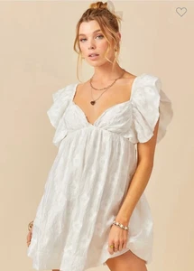 White Ruffled Tie Back Mini Babydoll Dress Sz M Floral Coquette Fairy Romantic - Picture 1 of 10