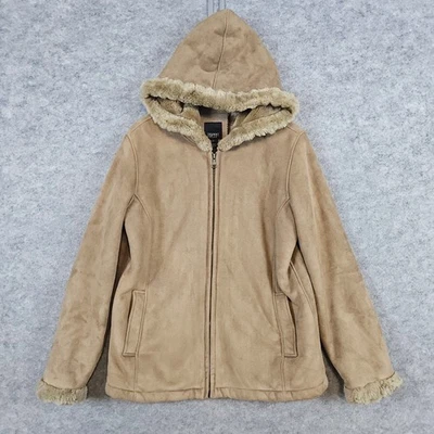 Esprit Outerwear Women's Coat Size M Tan Faux Suede Hooded Fleece Lined SNAG - Image 1 of 4