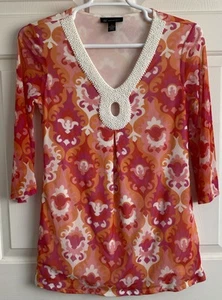 Blusa Top Mujer INC M Naranja Cachemira Encaje Blanco Cuentas Alrededor Cuello Mangas 3/4 - Imagen 1 de 10