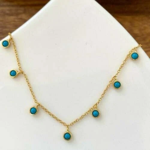 2 Round Cut Simulated Blue Turquoise Necklace Chain 14k Yellow Gold Finish - Image 1 of 4