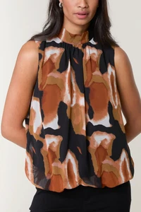 ABSTRACT SLEEVELESS PUFF HEM TOP Black Printed Sleeveless Puff Hem Blouse BNWT - Picture 1 of 4