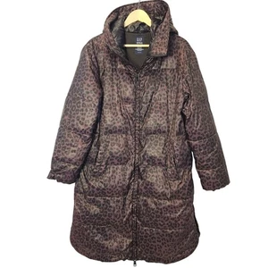 Gap Relaxed Recycled Puffer Coat Brown Leopard Print Hooded Size Medium - Picture 1 of 11