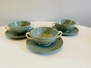 Wedgwood Medway Green Embossed Floral Scroll Handle Soup Bowl & Saucer x 3 Sets - Picture 1 of 13