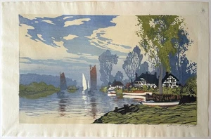 Oscar Droege, riva del fiume con barche a vela, xilografia a colori, firmata - Foto 1 di 1