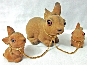 Vintage RABBITS Figurines Mom w/Two Babies Brown Flocked Chained Norleans Japan - Picture 1 of 8