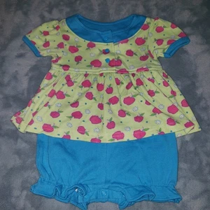 Vintage Small Steps 12 M One Piece Dress Shorts Romper Green Blue Apple Flower - Picture 1 of 4