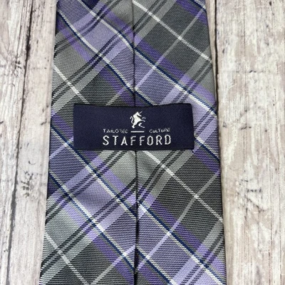 Галстук мужской ручной работы STAFFORD 58 дюймов длинный серый фиолетовый белый клетчатый 100% шелк - Изображение 1 из 4