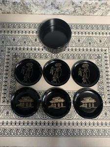 Set 6 Japanese Small Wasabi Soy Sauce Dipping Dishes Black & Gold - Picture 1 of 6