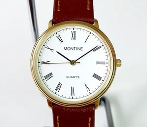 Vintage Montine Watch Mens Gold Tone White Dial Box Papers New Battery - Picture 1 of 15