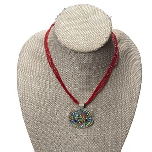 Silver Braided Pendant with Aqua Rhinestones and Rainbow Seed Beads Red Necklace - Picture 1 of 10