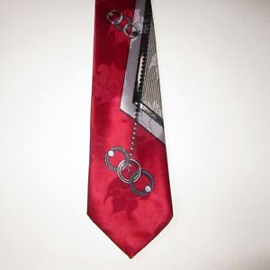 1950s Vtg Necktie Abstract Art Deco Satin Deep Red w Silver Rings 53 X 3 in