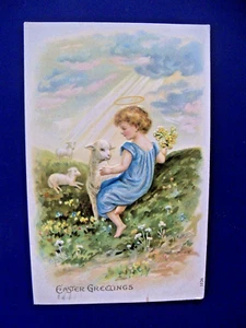 Beautiful Vintage 1908 Embossed Easter Child With Lambs Meadow Flowers Embossed - Picture 1 of 3