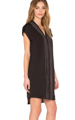Vince Black Shift Dress Size 4 Cap Sleeve V-Neck Embroidered Pleated Minimalist - Image 1 of 4