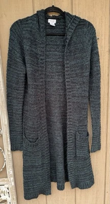 Vintage Contempo Casuals Hooded Knit Duster Cardigan Sweater Blue Green Medium - Image 1 of 4