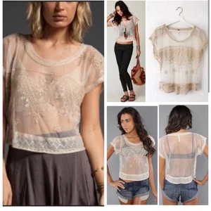 Free People The Vicki Sheer Embroidered Lace Mesh Top Black Size L coquette - Picture 1 of 6