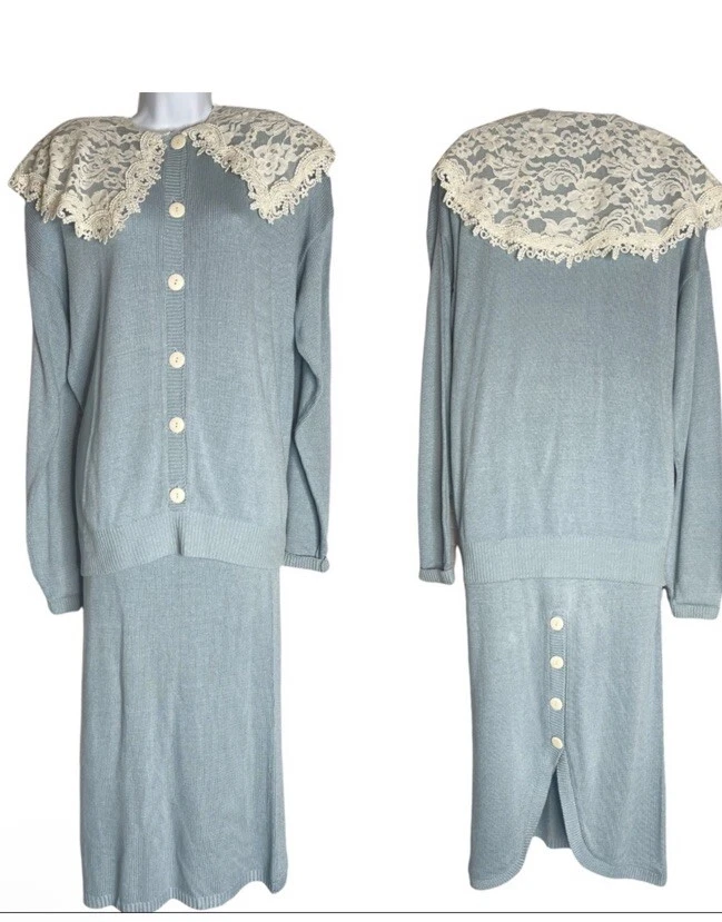 De Colección Jessica McClintock Azul Encaje Cuello Victoriano Coqueta Tejido Falda Top Conjunto L Foto 1 de 4