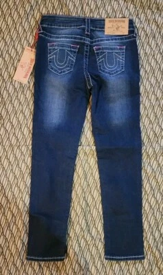 Pantalones de mezclilla azules True Religion para niñas nuevos con etiquetas, talla 7, rosa bartacks/costuras de acento Foto 1 de 3