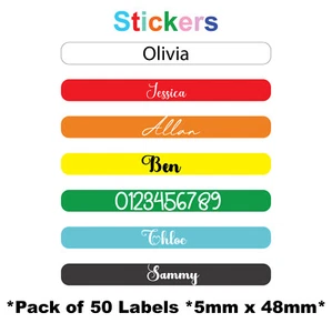 50 Personalised Vinyl Stick On Name Labels Stickers Tags School Kids Waterproof - Picture 1 of 5
