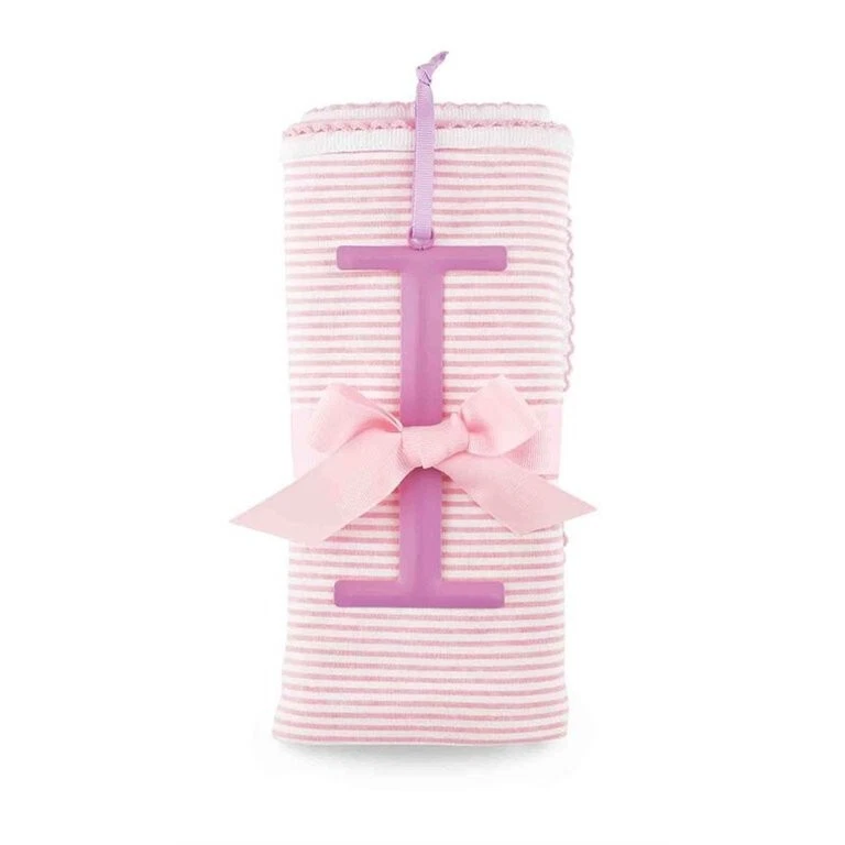 Baby Girls’ $26 Mud Pie Pink Striped Blanket with Metal Initial “I” Ornament NWT - Image 1 of 1