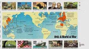 Segunda Guerra Mundial 1941 Un Mundo en Guerra #2559 Historia de Estados Unidos 29c MNH EN MUY BUEN ESTADO 10 ESTAMPILLAS MEDIA HOJA - Imagen 1 de 2