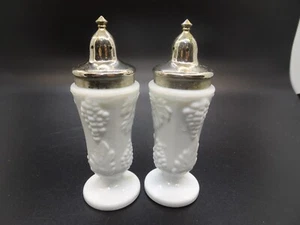 Vintage Milk Glass Shakers with Silverplate Tops Grape Pattern---0623 - Picture 1 of 6