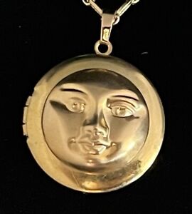 Man in the Moon Locket Necklace Large Brass Pendant Celestial Lunar Centerpiece