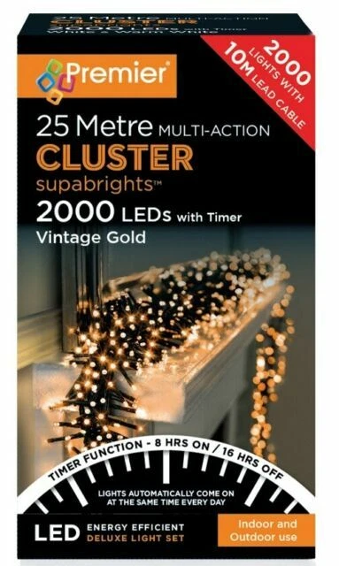 Premier 2000 LED Christmas Lights with Timer - Vintage Gold, 25m (LV162177VG)