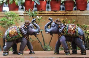 Trunk Up Elephant Statue Pair Vintage Indian Home Decor Sculpture Feng Shui Rare - Picture 1 of 7