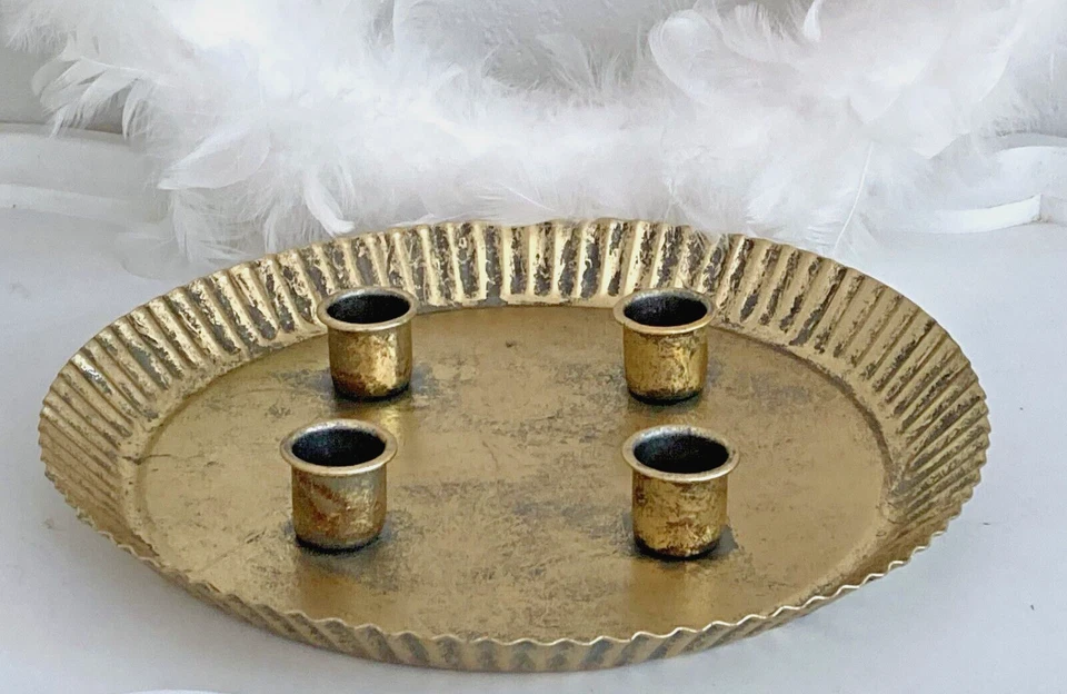 Shabby Tablett mit 4 Kerzenhalter Kerzentablett rund, Adventskranz Advent, Gold - Bild 1 von 1