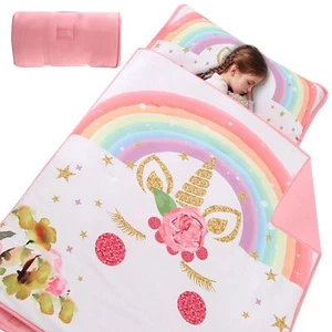 Pink Unicorn Kids Sleeping Bag Toddlers Kids Nap Mat 50x20 inch Pillow Blanket - Picture 1 of 6