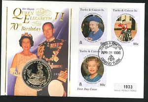 1996 Queen's 70th Birthday Coin FDC - $5 & Grand Turk Pmk - Picture 1 of 1