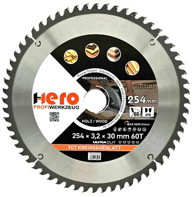 HERO PROFIWERKZEUG Kreissägeblatt 254 x 30/20 mm 60Z Profi HM Sägeblatt TCT Sägeblätter Holz HERO