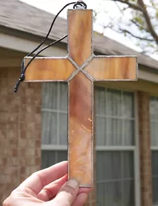 8" Simple Brown Stained Glass Cross Handcrafted Handmade Suncatcher - Picture 1 of 9