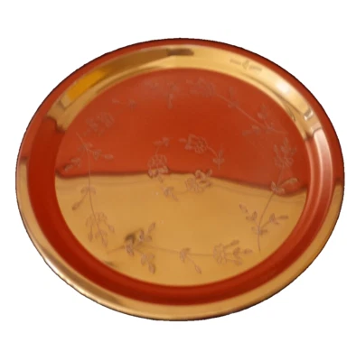Vintage copper floral embossed round tray with wooden stand - Image 1 of 4