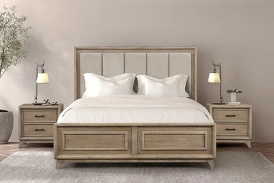 Bedroom Furniture Queen Size 3pc Bed 2x Nightstand Set Oak Finish - Image 1 of 4