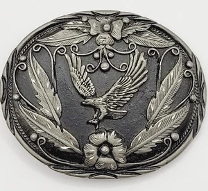 EAGLE Vintage 1990s SSI DIAMOND CUT Pewter Belt Buckle Silver Feathers Flower - Picture 1 of 13