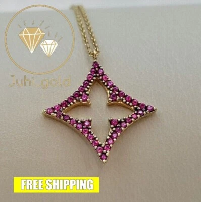 Elegante colgante estrella de oro amarillo de 14 quilates para mujer + cadena rubí simulado redondo de 2 quilates Foto 1 de 4