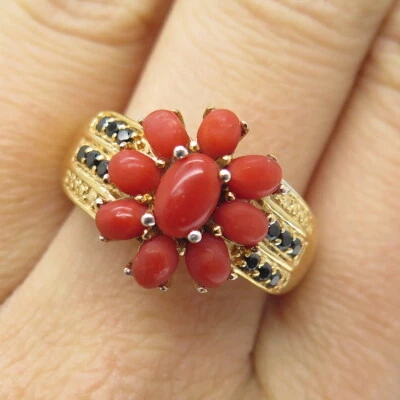 Anillo CHUCK CLEMENCY 925 Chapado en Oro Esterlina Coral y Espinela Negra Gema Talla 9.25 Foto 1 de 4