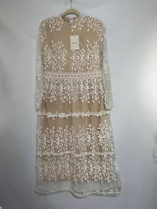 Bohme Tan & White Embroidered Floral Midi Dress W/ Sheer Sleeves & Tiered Layers - Picture 1 of 9