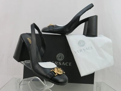 НОВЫЙ В КОРОБКЕ VERSACE ЧЕРНОЙ КОЖИ ЗОЛОТОЙ MEDUSA ЛОГОТИП САНДАЛИИ КАБЛУКА НАСОСЫ 39 9 - Изображение 1 из 4