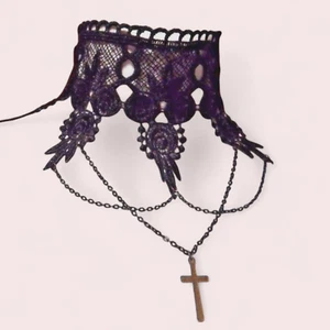 BLACK LACE CROSS CHOKER collar gothic necklace crochet dark elegant vampire O1 - Picture 1 of 4