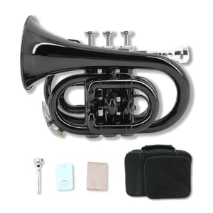 Black Bb Pocket Trumpet Brass Lacquer Trumpet 7C Mouthpiece, Hard Case,Strap - Picture 1 of 11