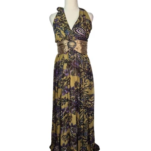 Monica Black Label Dress Womens Size 10 Olive Green Silk Evening Long Halter - Picture 1 of 11