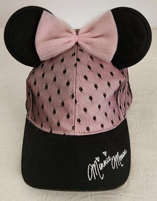 Disney Parks Minnie Mouse Pink & Black Polka Dot Tulle Ears & Bow Adult Cap, EUC - Image 1 of 4
