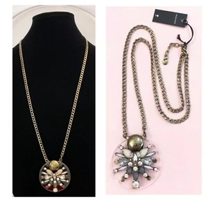 NWT BAUBLEBAR NOVA Antique Gold Tone Crystals & Stones Clear Resin Disk Necklace - Picture 1 of 7